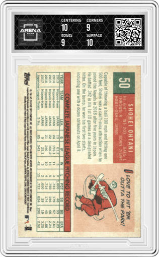 Shohei Ohtani from the 2018 Topps Archives set graded by Arena Club and given an overall grade of 9.5.