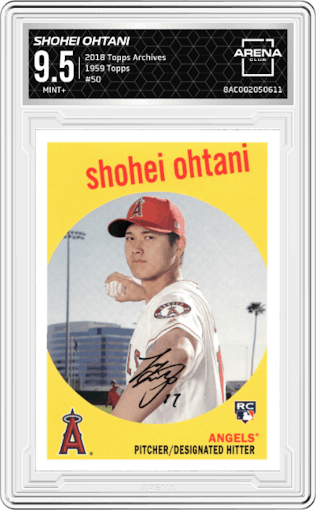 Shohei Ohtani from the 2018 Topps Archives set graded by Arena Club and given an overall grade of 9.5.