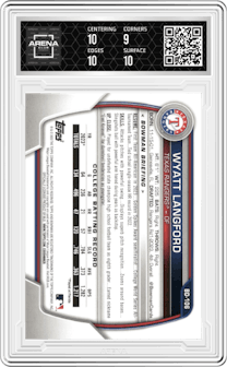 Wyatt Langford from the 2023 Bowman Draft set graded by Arena Club and given an overall grade of 9.5.