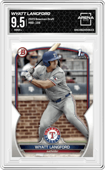 Wyatt Langford from the 2023 Bowman Draft set graded by Arena Club and given an overall grade of 9.5.