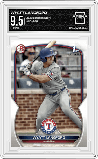 Wyatt Langford from the 2023 Bowman Draft set graded by Arena Club and given an overall grade of 9.5.