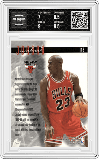 Michael Jordan from the 1996-97 Fleer Ultra set graded by Arena Club and given an overall grade of 7.5.