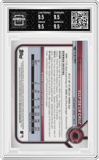 Elly De La Cruz from the 2022 Bowman set graded by Arena Club and given an overall grade of 9.5.