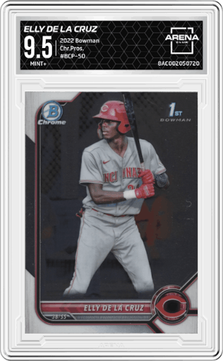 Elly De La Cruz from the 2022 Bowman set graded by Arena Club and given an overall grade of 9.5.