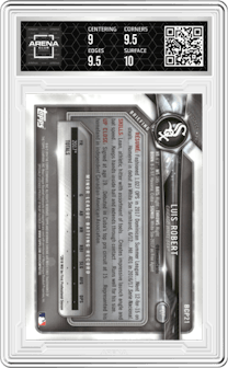 Luis Robert from the 2018 Bowman Chrome Mega Box set graded by Arena Club and given an overall grade of 9.5.