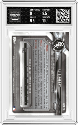 Luis Robert from the 2018 Bowman Chrome Mega Box set graded by Arena Club and given an overall grade of 9.5.