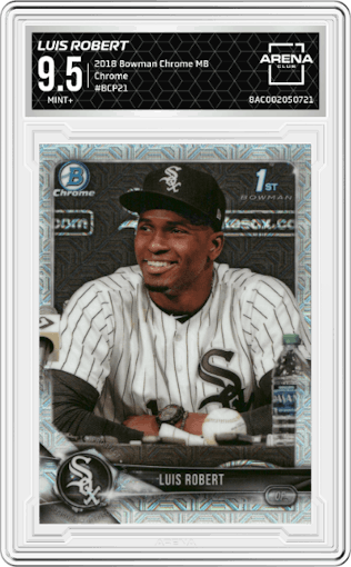 Luis Robert from the 2018 Bowman Chrome Mega Box set graded by Arena Club and given an overall grade of 9.5.