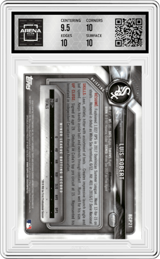 Luis Robert from the 2018 Bowman Chrome Mega Box set graded by Arena Club and given an overall grade of 10.