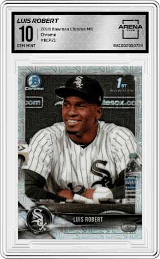 Luis Robert from the 2018 Bowman Chrome Mega Box set graded by Arena Club and given an overall grade of 10.