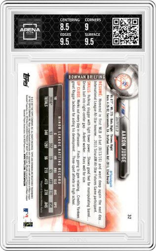 Aaron Judge from the 2017 Bowman set graded by Arena Club and given an overall grade of 9.