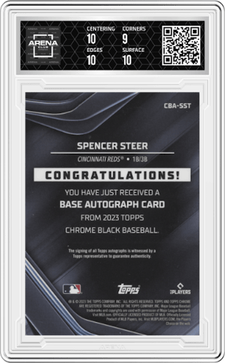 Spencer Steer from the 2023 Topps Chrome Black set graded by Arena Club and given an overall grade of 9.5.