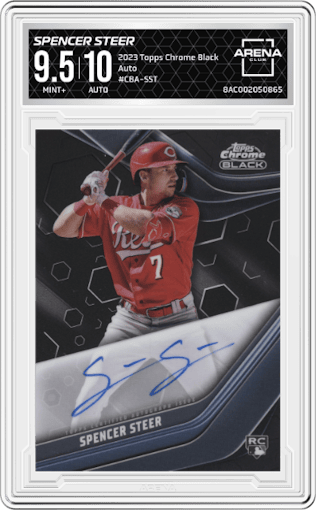 Spencer Steer from the 2023 Topps Chrome Black set graded by Arena Club and given an overall grade of 9.5.