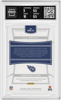 A.J. Brown from the 2019 Panini National Treasures set featuring a Holo Gold parallel graded by Arena Club and given an overall grade of 9.5.