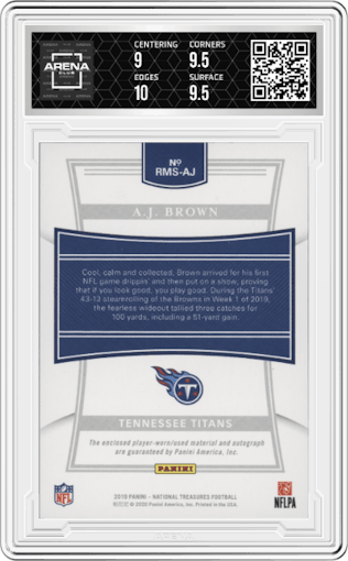 A.J. Brown from the 2019 Panini National Treasures set featuring a Holo Gold parallel graded by Arena Club and given an overall grade of 9.5.