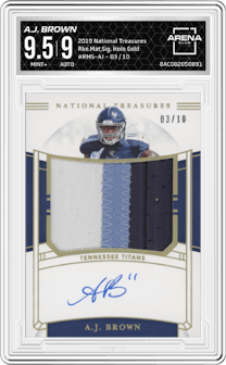 A.J. Brown from the 2019 Panini National Treasures set featuring a Holo Gold parallel graded by Arena Club and given an overall grade of 9.5.