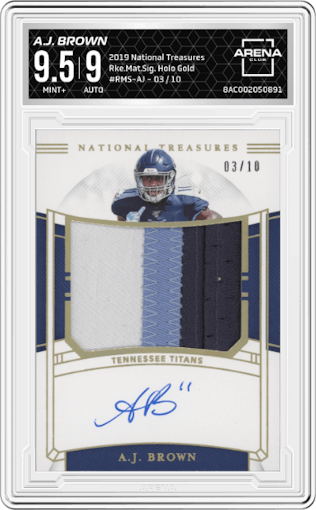 A.J. Brown from the 2019 Panini National Treasures set featuring a Holo Gold parallel graded by Arena Club and given an overall grade of 9.5.