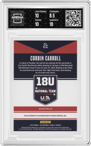Corbin Carroll from the 2019 Panini Stars & Stripes USA set graded by Arena Club and given an overall grade of 9.