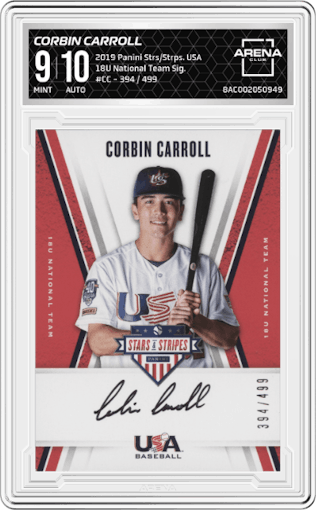 Corbin Carroll from the 2019 Panini Stars & Stripes USA set graded by Arena Club and given an overall grade of 9.