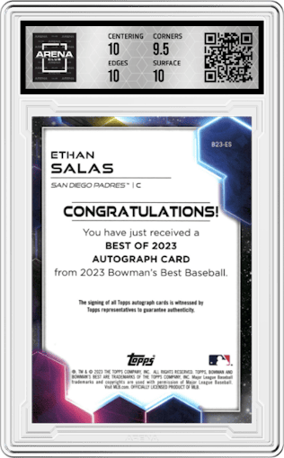 Ethan Salas from the 2023 Bowman's Best set graded by Arena Club and given an overall grade of 10.