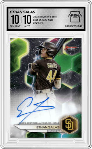 Ethan Salas from the 2023 Bowman's Best set graded by Arena Club and given an overall grade of 10.