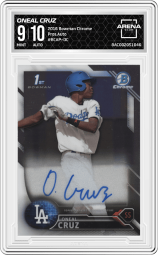Oneal Cruz from the 2016 Bowman Chrome set graded by Arena Club and given an overall grade of 9.