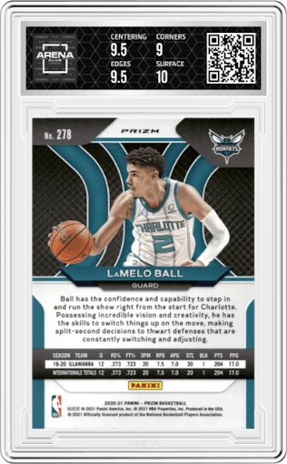 LaMelo Ball from the 2020-21 Panini Prizm set featuring a Silver Prizm parallel graded by Arena Club and given an overall grade of 9.5.