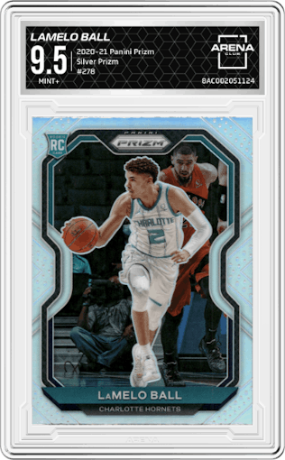 LaMelo Ball from the 2020-21 Panini Prizm set featuring a Silver Prizm parallel graded by Arena Club and given an overall grade of 9.5.