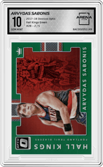 Arvydas Sabonis from the 2017-18 Panini Donruss Optic set featuring a Green parallel graded by Arena Club and given an overall grade of 10.
