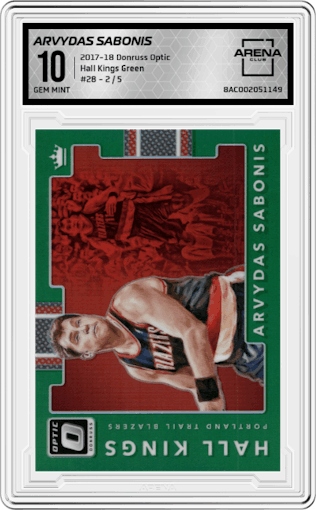 Arvydas Sabonis from the 2017-18 Panini Donruss Optic set featuring a Green parallel graded by Arena Club and given an overall grade of 10.