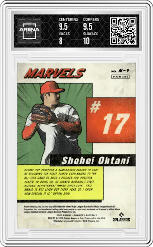 Shohei Ohtani from the 2022 Panini Donruss set featuring a Rapture parallel graded by Arena Club and given an overall grade of 8.5.