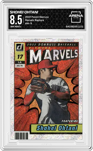 Shohei Ohtani from the 2022 Panini Donruss set featuring a Rapture parallel graded by Arena Club and given an overall grade of 8.5.