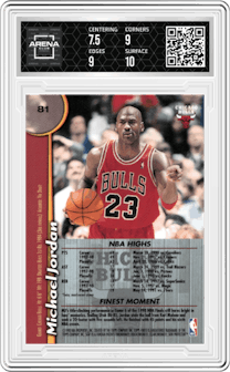 Michael Jordan from the 1998-99 Topps Finest set graded by Arena Club and given an overall grade of 8.
