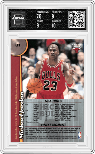 Michael Jordan from the 1998-99 Topps Finest set graded by Arena Club and given an overall grade of 8.