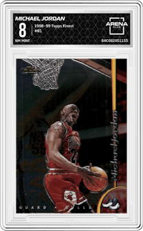 Michael Jordan from the 1998-99 Topps Finest set graded by Arena Club and given an overall grade of 8.