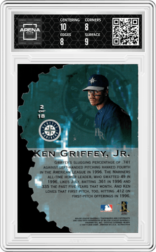 Ken Griffey, Jr. from the 1997 Fleer Ultra set graded by Arena Club and given an overall grade of 8.5.