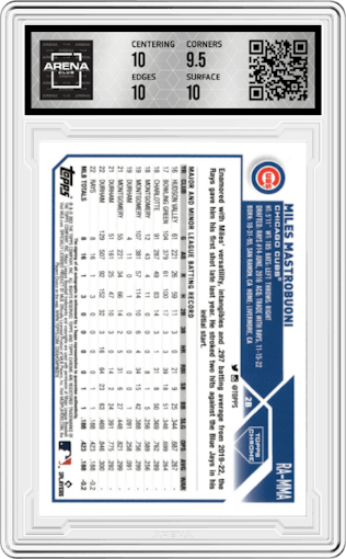 Miles Mastrobuoni from the 2023 Topps Chrome set featuring a BW Mini-Diamond parallel graded by Arena Club and given an overall grade of 10.