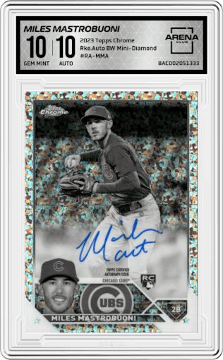 Miles Mastrobuoni from the 2023 Topps Chrome set featuring a BW Mini-Diamond parallel graded by Arena Club and given an overall grade of 10.
