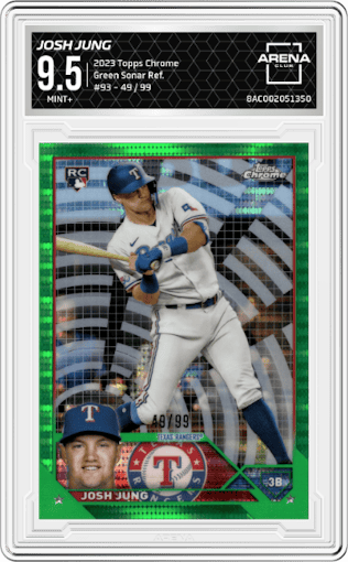 Josh Jung from the 2023 Topps Chrome set featuring a Green Sonar Refractor parallel graded by Arena Club and given an overall grade of 9.5.