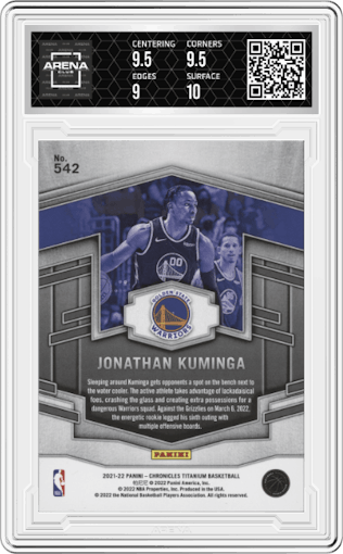 Jonathan Kuminga from the 2021-22 Panini Chronicles set featuring a Draft Year parallel graded by Arena Club and given an overall grade of 9.5.