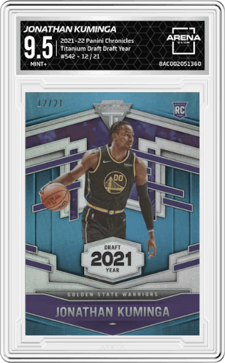 Jonathan Kuminga from the 2021-22 Panini Chronicles set featuring a Draft Year parallel graded by Arena Club and given an overall grade of 9.5.
