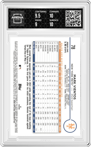 Mark Vientos from the 2024 Topps  set featuring a Rainbow Foil parallel graded by Arena Club and given an overall grade of 9.5.