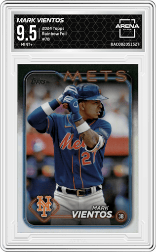Mark Vientos from the 2024 Topps  set featuring a Rainbow Foil parallel graded by Arena Club and given an overall grade of 9.5.