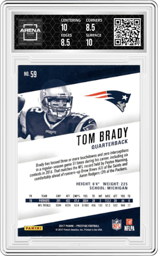 Tom Brady from the 2017 Panini Prestige set graded by Arena Club and given an overall grade of 9.