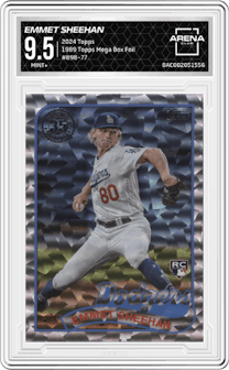 Emmet Sheehan from the 2024 Topps  set featuring a Mega Box Foil parallel graded by Arena Club and given an overall grade of 9.5.
