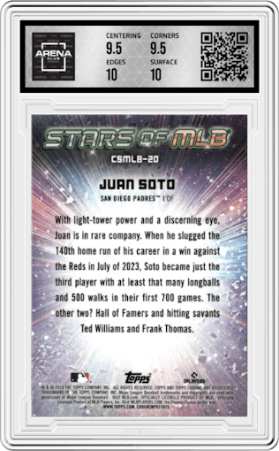 Juan Soto from the 2024 Topps  set graded by Arena Club and given an overall grade of 10.