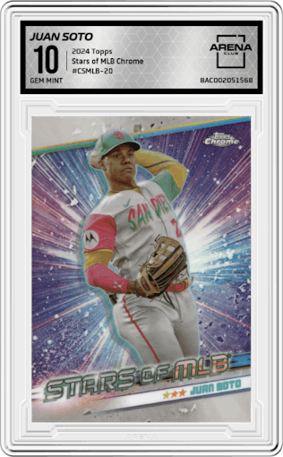 Juan Soto from the 2024 Topps  set graded by Arena Club and given an overall grade of 10.