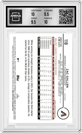 Zac Gallen from the 2024 Topps  set featuring a Royal Blue parallel graded by Arena Club and given an overall grade of 10.