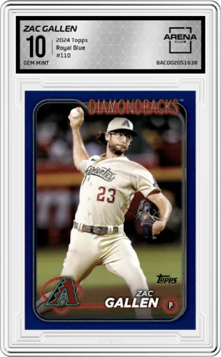 Zac Gallen from the 2024 Topps  set featuring a Royal Blue parallel graded by Arena Club and given an overall grade of 10.