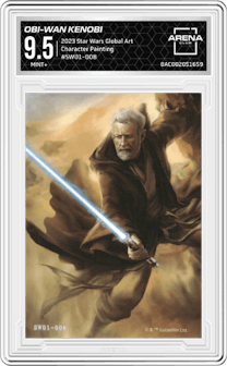 Obi-Wan Kenobi from the 2023 Card.Fun Star Wars Global Art Series set featuring a Character Painting parallel graded by Arena Club and given an overall grade of 9.5.