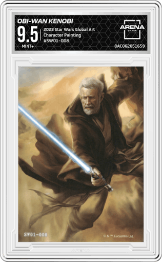 Obi-Wan Kenobi from the 2023 Card.Fun Star Wars Global Art Series set featuring a Character Painting parallel graded by Arena Club and given an overall grade of 9.5.